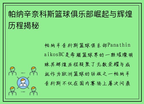 帕纳辛奈科斯篮球俱乐部崛起与辉煌历程揭秘
